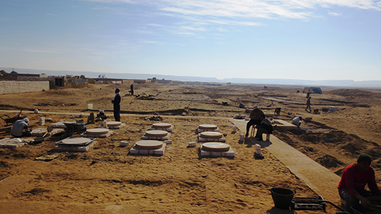 the foundation of large pillars have been uncovered from the ground.  They are in a square grid pattern.