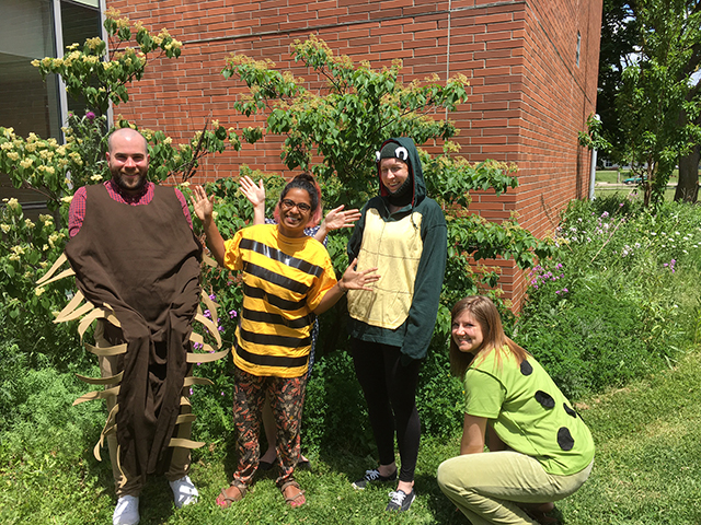 The crew from the Biodiversity Institute of Ontario knows Ontario species costume style. Photo courtesy of Angela Telfer a group from the Biodiversity Institute of Ontario in Guelph pose with some costumes outside their building. Photo courtesy of Angela Telfer
