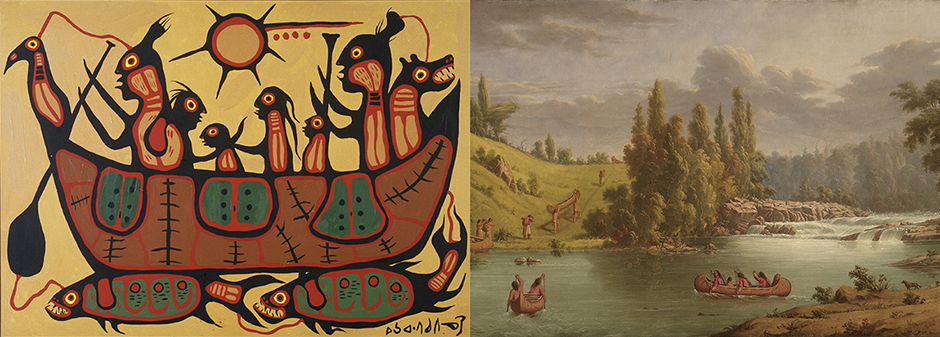 On the left, "The Migration", acrylic painting by Norval Morrisseau. On the right, , "White Mud Portage", oil painting by Paul Kane.