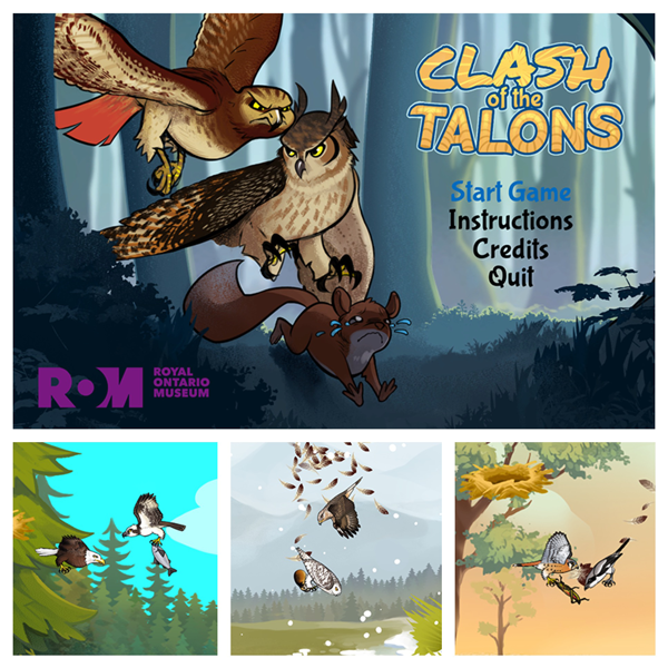 Illustration: Four panels depicting the video game "Clash of the Talons"