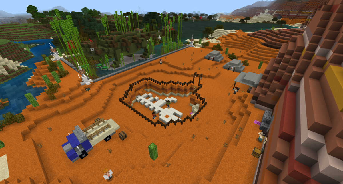 Capture d’écran du jeu Minecraft montrant un gisement de dinosaures avec un fossile exposé, des tentes, un camion avec des caisses et un hologramme d’ankylosaure.