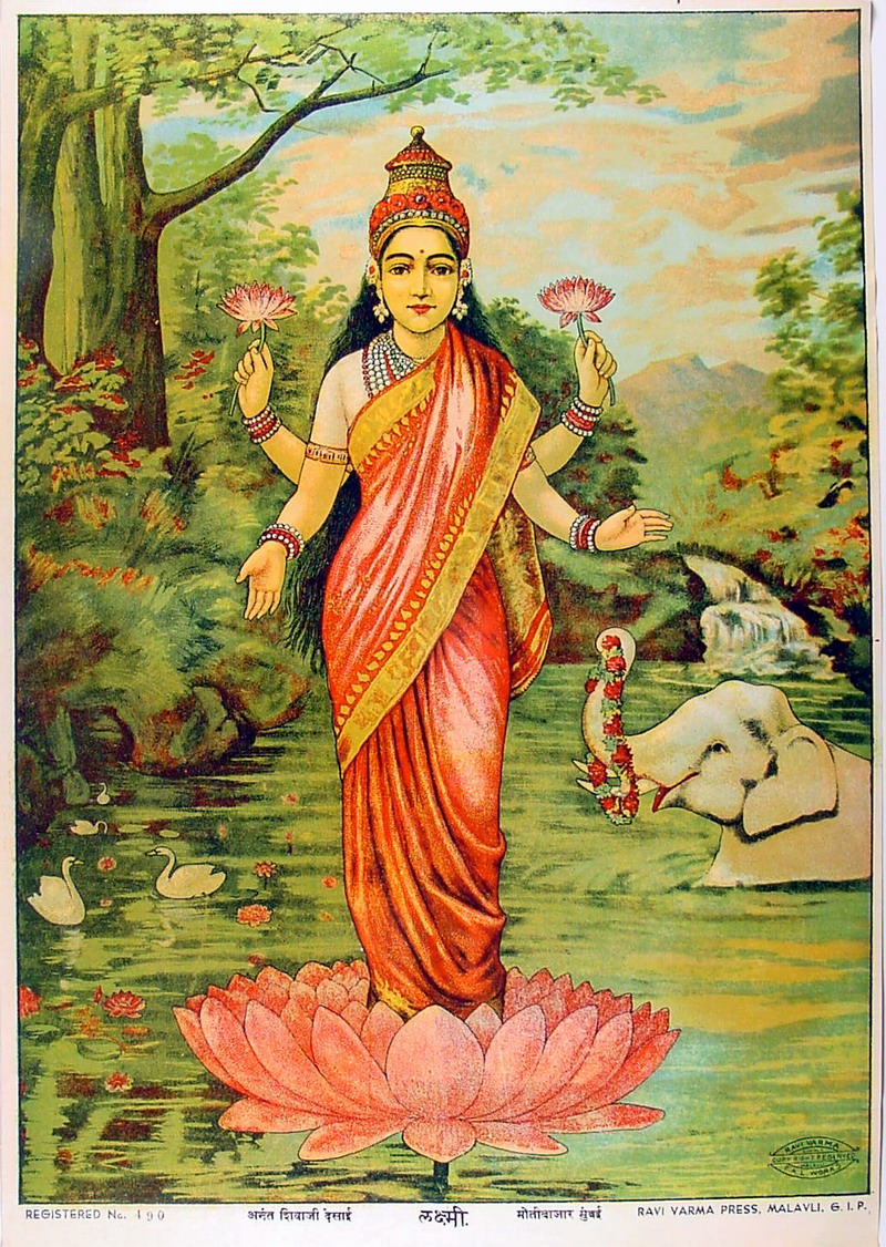 Lakshmi, Ravi Varma Press, chromolithograph, Malavli, Maharashtra, India, early 20th century, 25.4 x 36.7 cm. ROM 2004.60.56 This purchase was made possible with the generous support of the South Asia Research and Acquisition Fund.