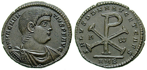 Picture of front and back of coin. Front depicts a male portrait, back portrays a symbol.