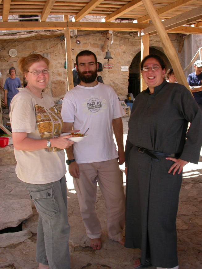 On the terrace at Deir Mar Musa in 2004: Byzantine archaeologist Emma Lossley (left) and members of the al-Khalil community, then Brother Jihad Yusuf (later Deacon and then Father), a Maronite from Wadi Nasara, and then novice (later Sister) Deema Fayyad, a member of the Greek Catholic Church from Homs 