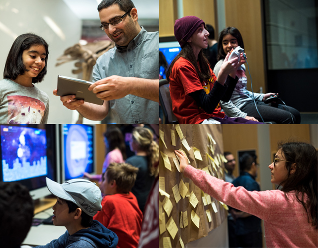 Four photos arranged in a square depicting children testing games in the ROM arcade