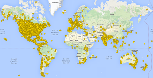 Distribution of bird checklists submitted during 2015’s GBBC. Image from birdcount.org
