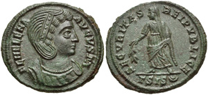 Front and back of coin displaying a woman's portrait on front and a goddess on back.