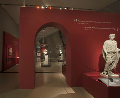 Image of a statue against a red wall