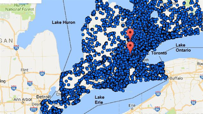Map for all water extraction permits in Southern Ontario. Points show Nestlé’s Wellington County and Aberfoyle permit locations.