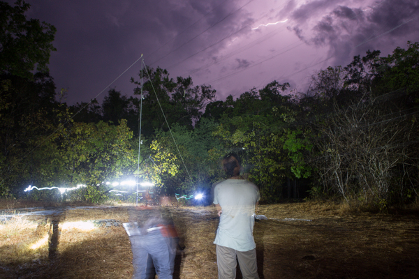 Setting up a mist net at Wasgamua National Park, while enjoying the lightning storm that has passed in the background. Credit: Vincent Luk