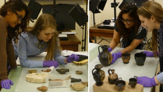 Lindsay & Natasha puzzling over which lamps to include, and much more excitied about the pots!