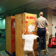 ROM Curator David Rudkin (L) and Technicians Peter Fenton (C), Brian Iwama (R) get ready to open the first crate