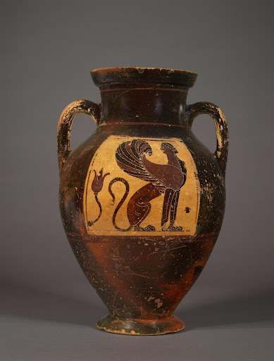 Black-figure amphora with a figure of a sphinx.