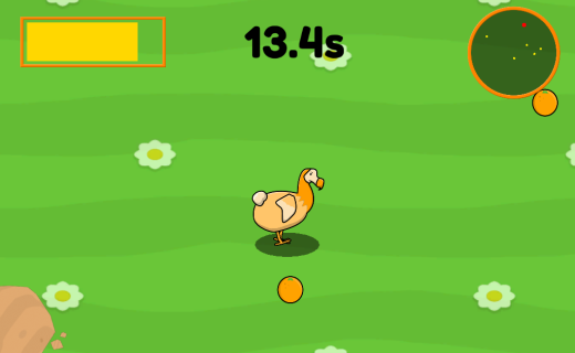 a dodo stands on a green field with some oranges and a score at the top of the screen