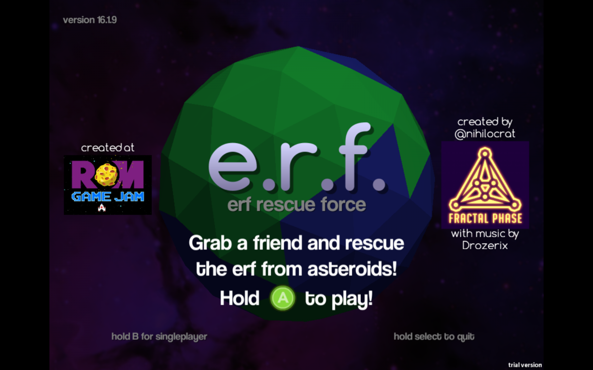 Écran d'accueil du jeu E.R.F.