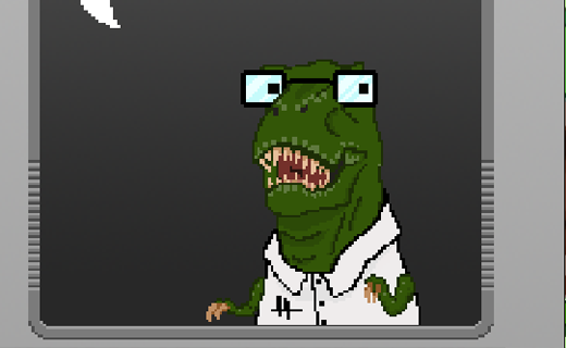 Dinosaure animé vêtu d’une chemise blanche et portant des lunettes
