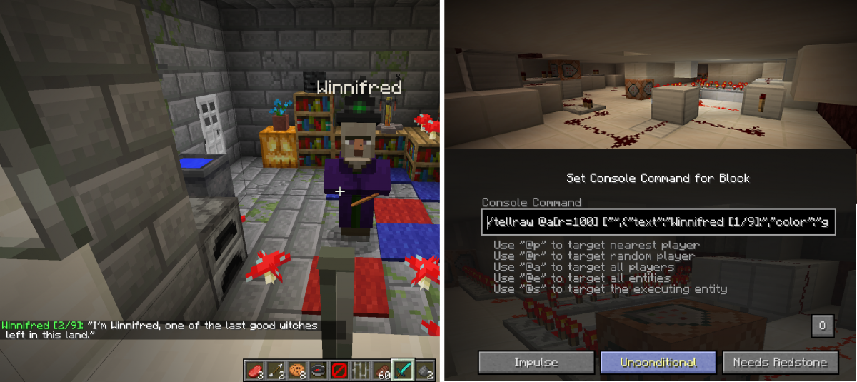 a collage showing minecraft screenshots of a witch talking to the player, a complex redstone circuit, and a command screen with code for the witch's dialogue