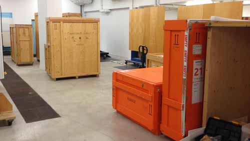 Wooden crates in storage at the ROM ready to be opened.