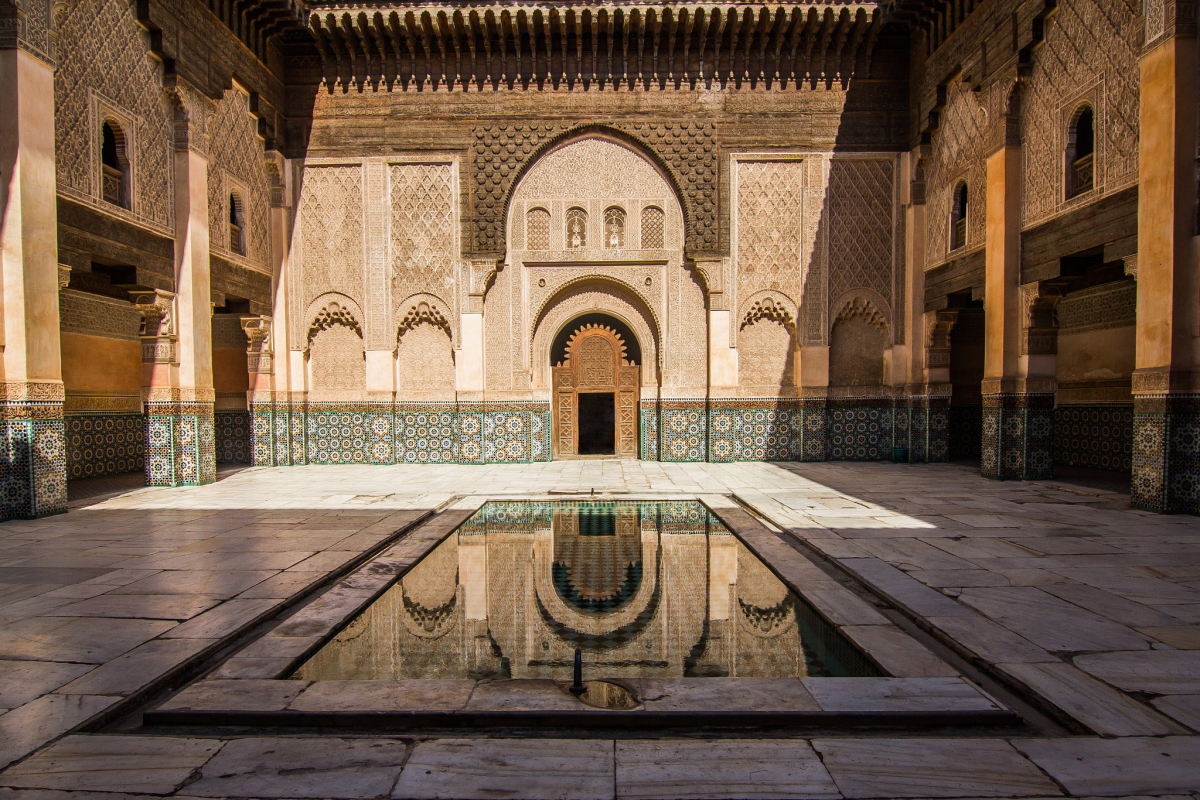 A courtyard with a reflecting pool.