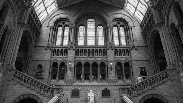 A view of a stately entrance to the Natural History Museum in London, UK.