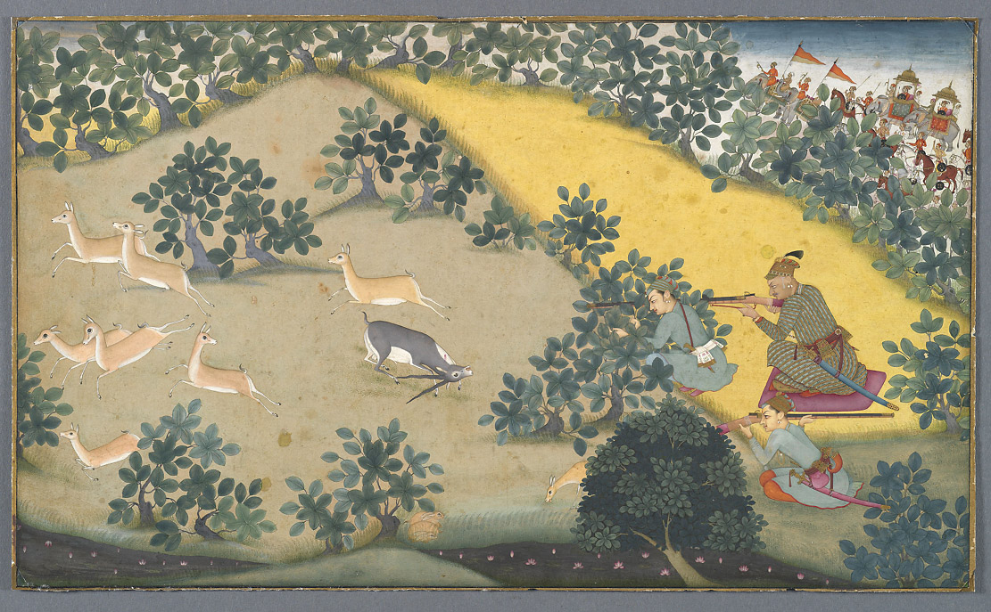 Painting of deer running away from men with guns.