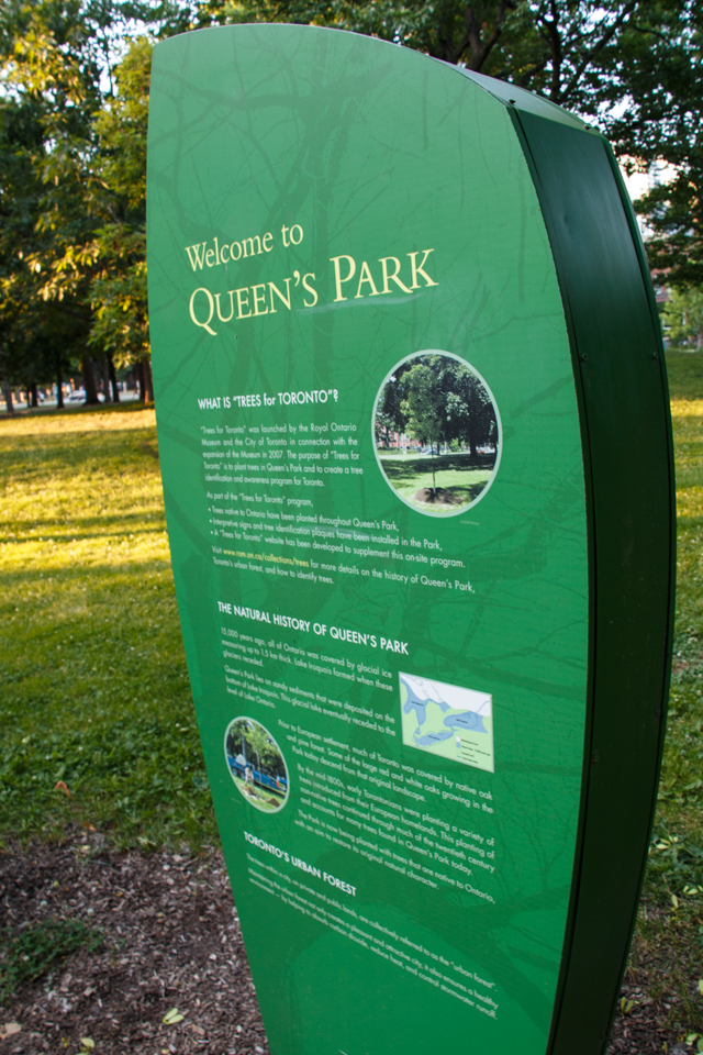 Trees for Toronto identification kiosk in Queen's Park - it lists the different species visitors can see, and helps them to identify the trees. Photo by Rhi More