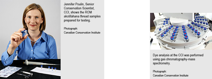 Jennifer Poulin, Senior Conservation Scientist, CCI, shows the ROM akotifahana thread samples prepared for testing. Photograph: Canadian Conservation Institute  Dye analysis at the CCI was performed using gas chromatography-mass spectrometry.  Photograph: Canadian Conservation Institute