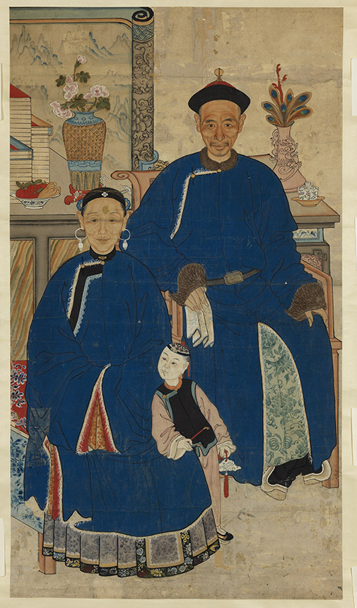 Peinture d'un couple de vieux chinois vêtus de bleu.