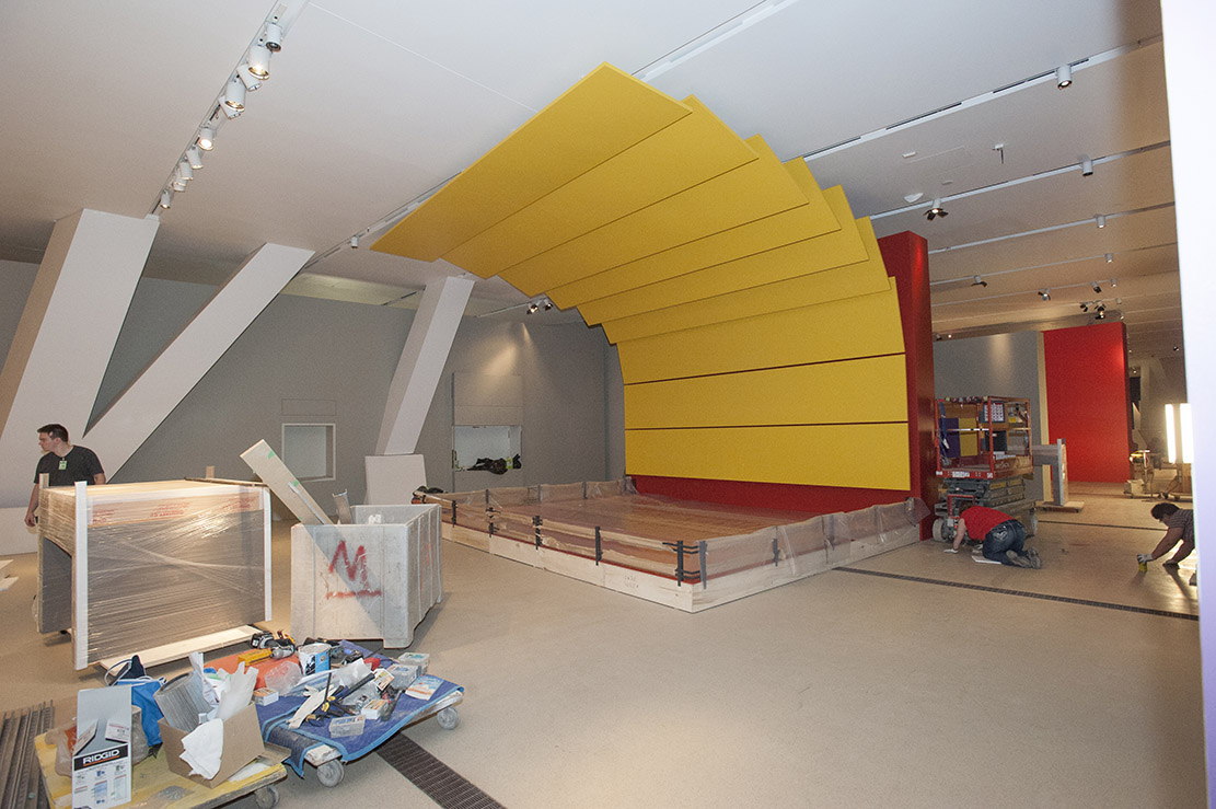 Installing Forbidden City Exhibition at the ROM, View of Yellow plinth