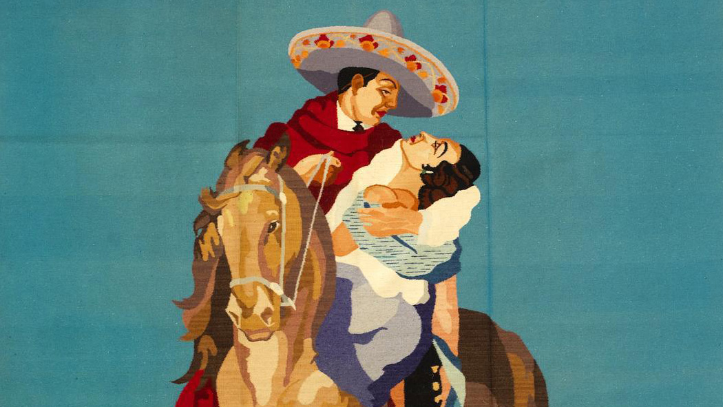  Pictorial sarape  of man an woman on horseback (Pictorial sarape).