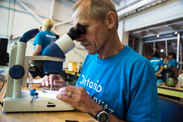 Entomology Curator Chris Darling looks through a microscope in a crowded room