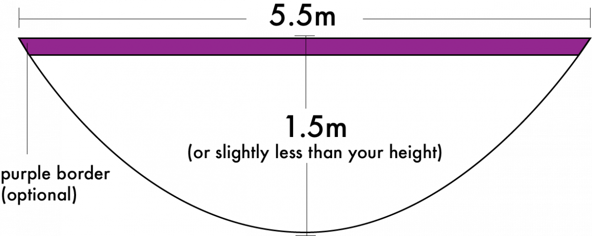 A diagram of a toga cut into a semicircle with a straight edge 5.5 metres long across the straight edge and 1.5m tall