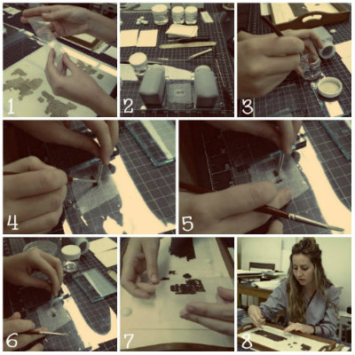 Natasa demonstrates her technique for removing light-weight tissue used as ‘bandages’ on papyrus fragments. Using a brush, she carefully applied an alcohol-based solvent to the surface of the tissue and gently removed it using tweezers. Images 7 & 8 picture a papyrus section that is made up of numerous fragments that have been successfully lined. Photos by Jaime Clifton-Ross.