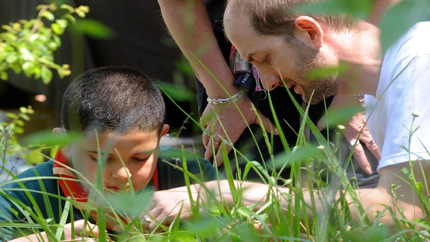 Dr. John Tweddle with a young boy, outdoors, examining something in the grass.
