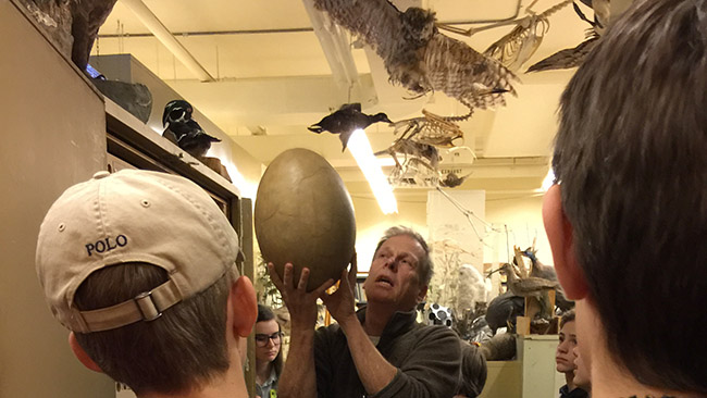Mark Peck, Onithology Technician, holds a large egg from the ROM's collection for the students to see.