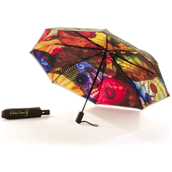 Colorful umbrella featuring the stunning installation of a pergola ceiling by artist Dale Chihuly.