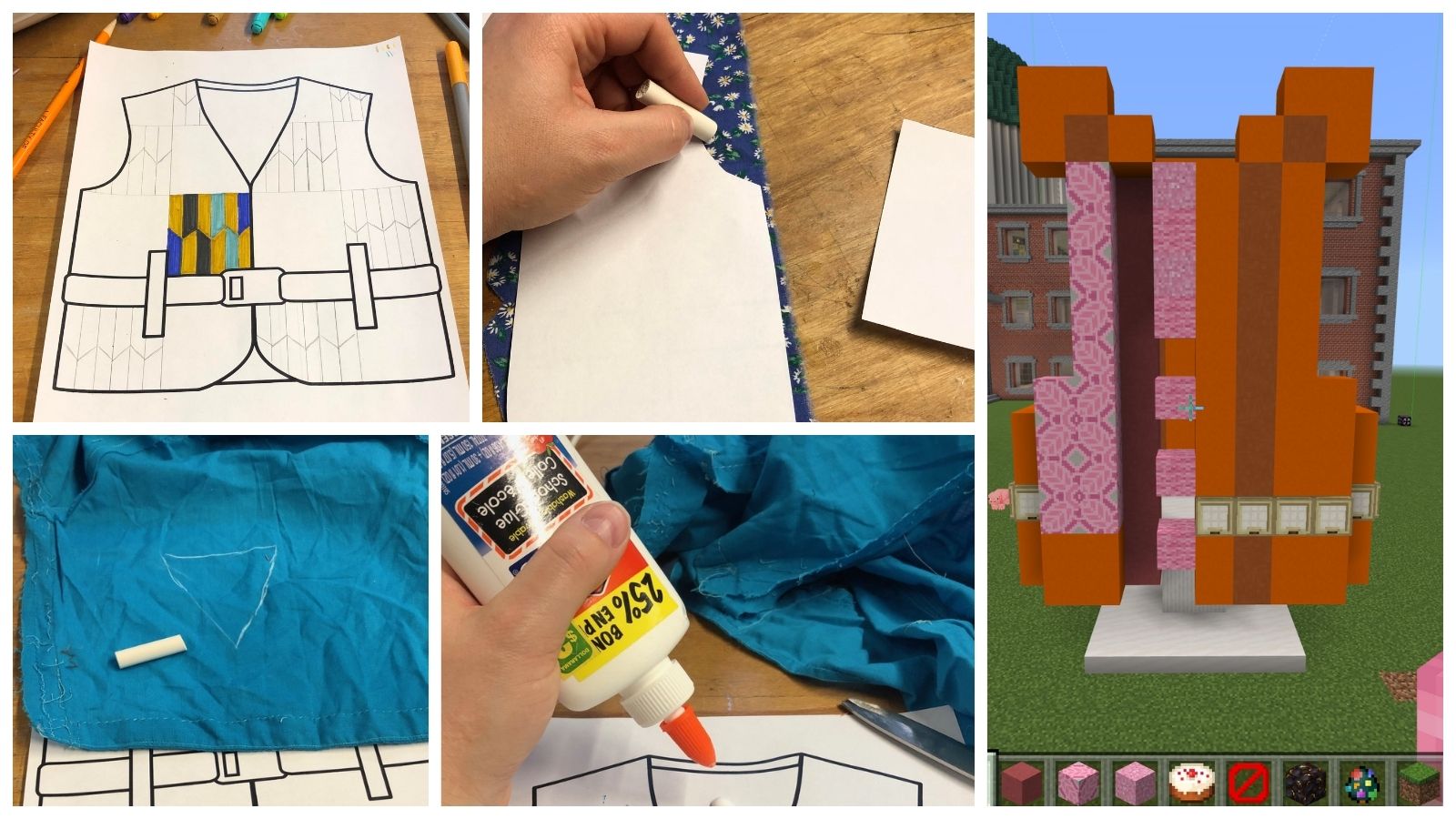 Progress photos of lifers in different media, including drawing with markers, tailoring with fabric scraps, and building in Minecraft.