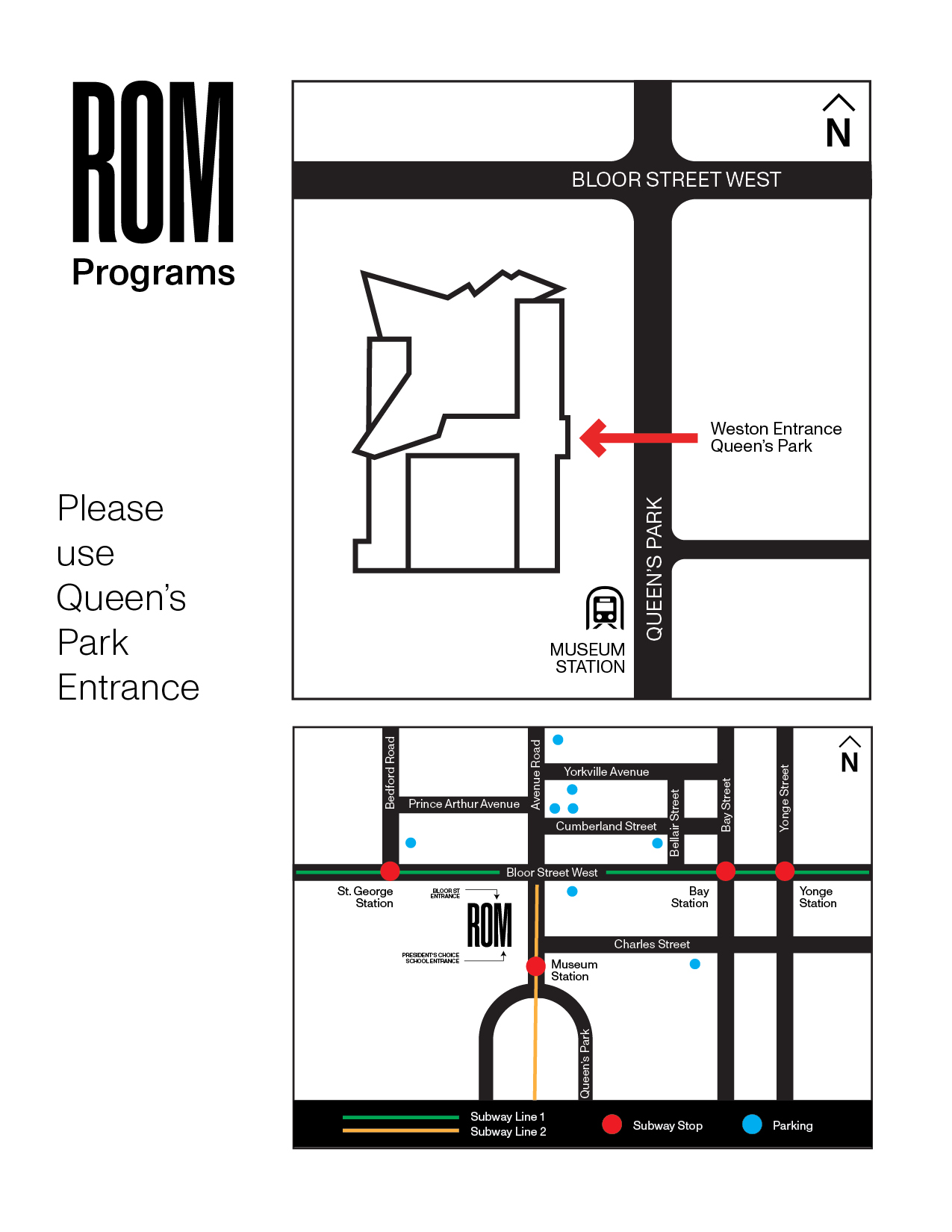ROM Map: Street map and building layout with Queen's Park entrance.