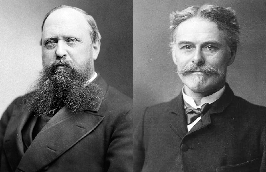 Othniel Charles Marsh (left) and Edward Drinker Cope (right). By Frederick Gutekunst, Public domain, via <a href="https://commons.wikimedia.org/w/index.php?curid=61508381">Wikimedia Commons</a>.
Palaeontologists Othniel Charles Marsh (left) and Edward Drinker Cope (right).