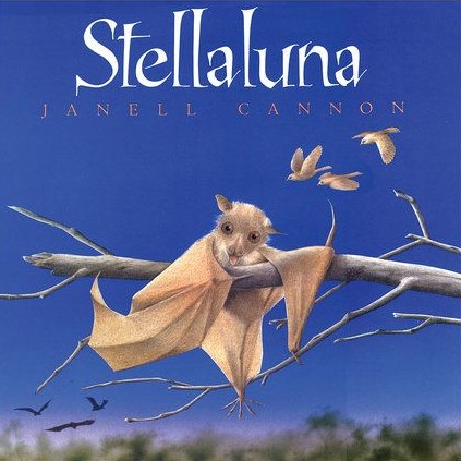 The book cover of Stellaluna showing an illustrated bat clinging awkwardly to a branch while three birds fly in the background.