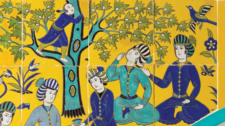 Arc en tuiles avec scène de pique-nique, vers 1685-95. Probablement le palais Talar-e-Tavileh, Ispahan, Iran.