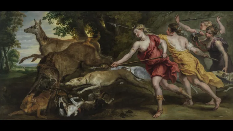 Diane et ses nymphes à la chasse Diane et trois nymphes chassent le cerf avec des lances et des chiens.