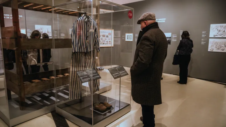 A visitor in the exhibition at ROM looks in at a display case.