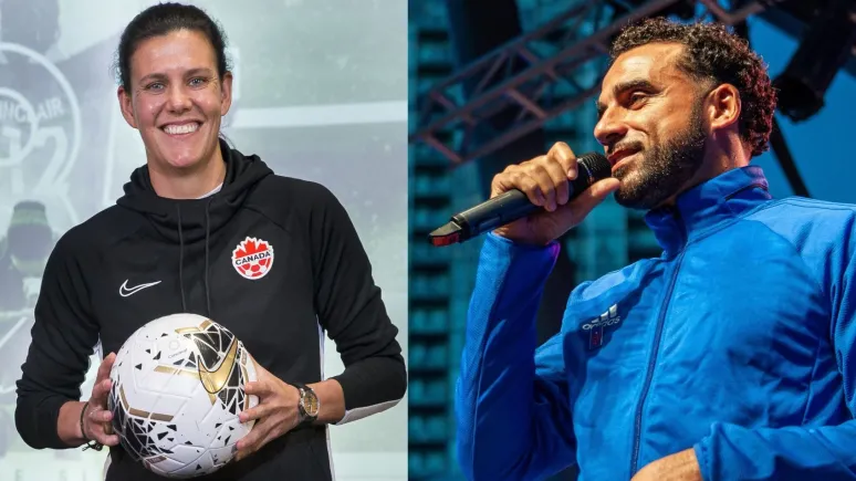 Portrait photos of Christine Sinclair and Dwayne De Rosario 