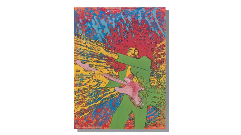 A vivid, psychedelic-style illustration of a human figure playing an electric guitar, surrounded by explosive splashes of red, yellow, blue, and green paint. The figure wears a bright green outfit and holds a pink guitar angled diagonally across the body, while energetic, dripping lines and paint bursts radiate outward, creating a sense of movement, sound, and intensity against a highly saturated abstract background.