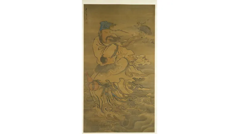 Vertical hanging scroll painting depicting two robed figures amid swirling water and wind. A taller figure stands above, wearing layered robes and a head covering, with long ribbons and sleeves flowing outward. Below, a smaller figure is carried or supported, partially wrapped in the taller figure’s garments. Waves and curving lines fill the lower half of the composition, suggesting movement through water, while fish-like forms and drifting elements appear near the upper right. The artwork is rendered in mu