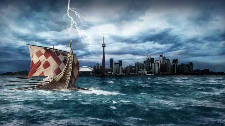 Graphic showing a Viking ship in Toronto harbour
