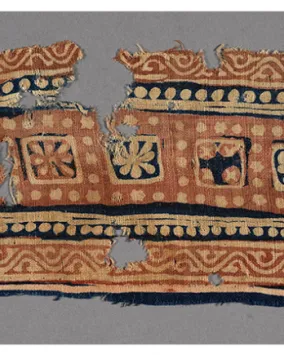 Textile fragment. Made in Gujarāt, India; used in Egypt. 13th-15th century. Blockprinted cotton tabby. 978.76.97 Abemayor Collection given in memory of Dr. Veronika Gervers, Associate Curator, Textile Department (1968-1979) by Albert and Federico Friedberg. Certified by the Canadian Cultural Property Export Review Board under the terms of the Cultural Property Export and Import Act.