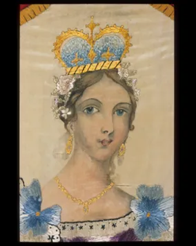 Portrait of Queen Victoria. Embroidered by Agnes Pringle Wallace, based on a painting by Mary Ann 'Mclean' Pringle. St. Thomas, Ontario, Canada. 1841. Satin embroidered in silk and wool. 963.14.2.A. Gift of Mr. Andrew H. Wallace.