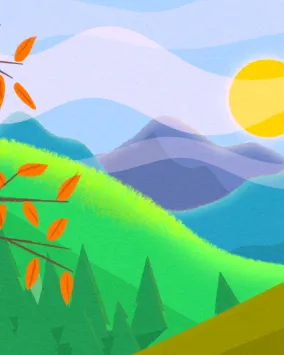 A drawn colorful image of a hill with a tree in front of it and a red bird. Behind the hill is a sunset behind a mountain.